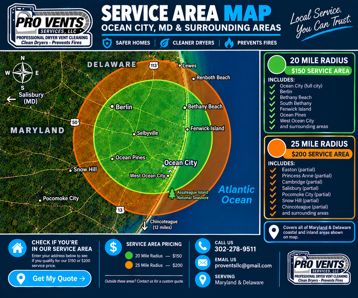 PRO VENTS 20 mile $150 and 25 mile $200 service area map